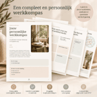 Voorbeeld van het Persoonlijk Werkkompas met acht pagina’s over kwaliteiten, werkvoorwaarden, astrologische inzichten en mogelijke loopbaanrichtingen.