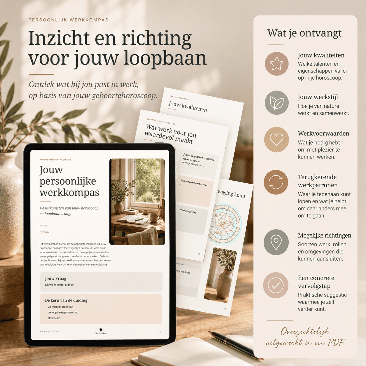 Persoonlijk Werkkompas als digitale PDF met inzicht in talenten, werkstijl, werkpatronen, passende werkomgevingen en een concrete vervolgstap.